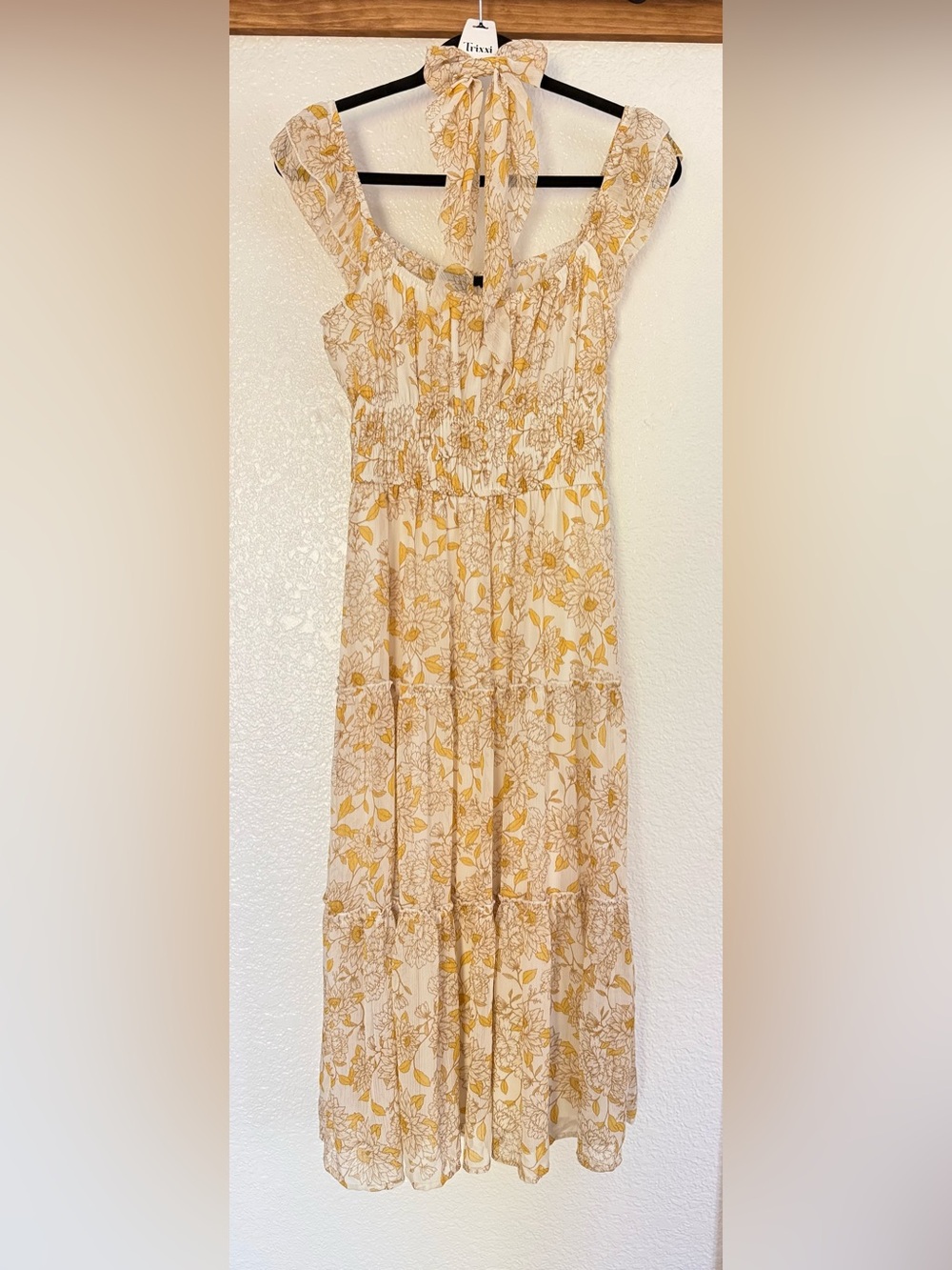 Trixxi Floral Yellow Cream Tiered Maxi Dress with match bow.